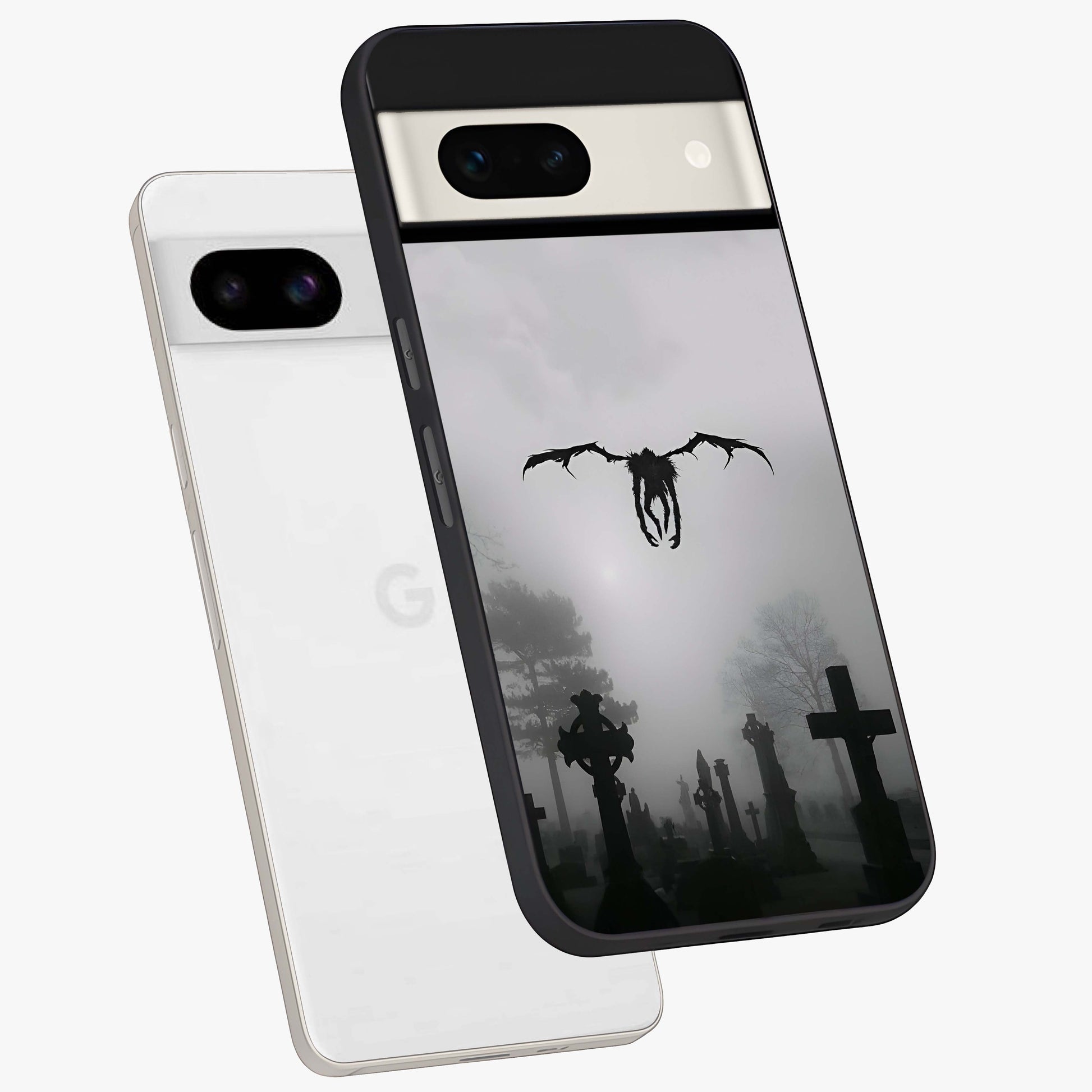 Graveyard Shadow Descent Glass Case displayed in angled mockup highlighting eerie shadow illustration with gothic aesthetic.