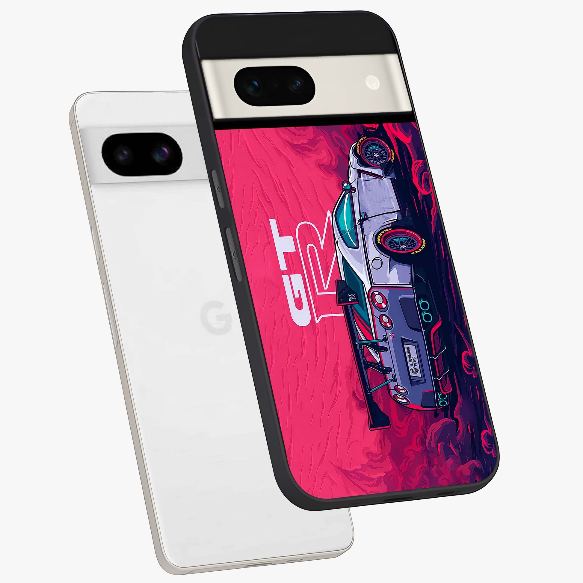 GT-R Car Pattern Glass Case displayed in angled mockup highlighting racing car graphic design with bold automotive aesthetic.