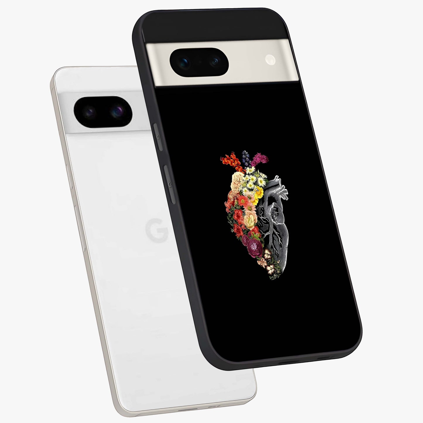 Heart With Flowers Glass Case displayed in angled mockup highlighting romantic flower design with soft aesthetic style.