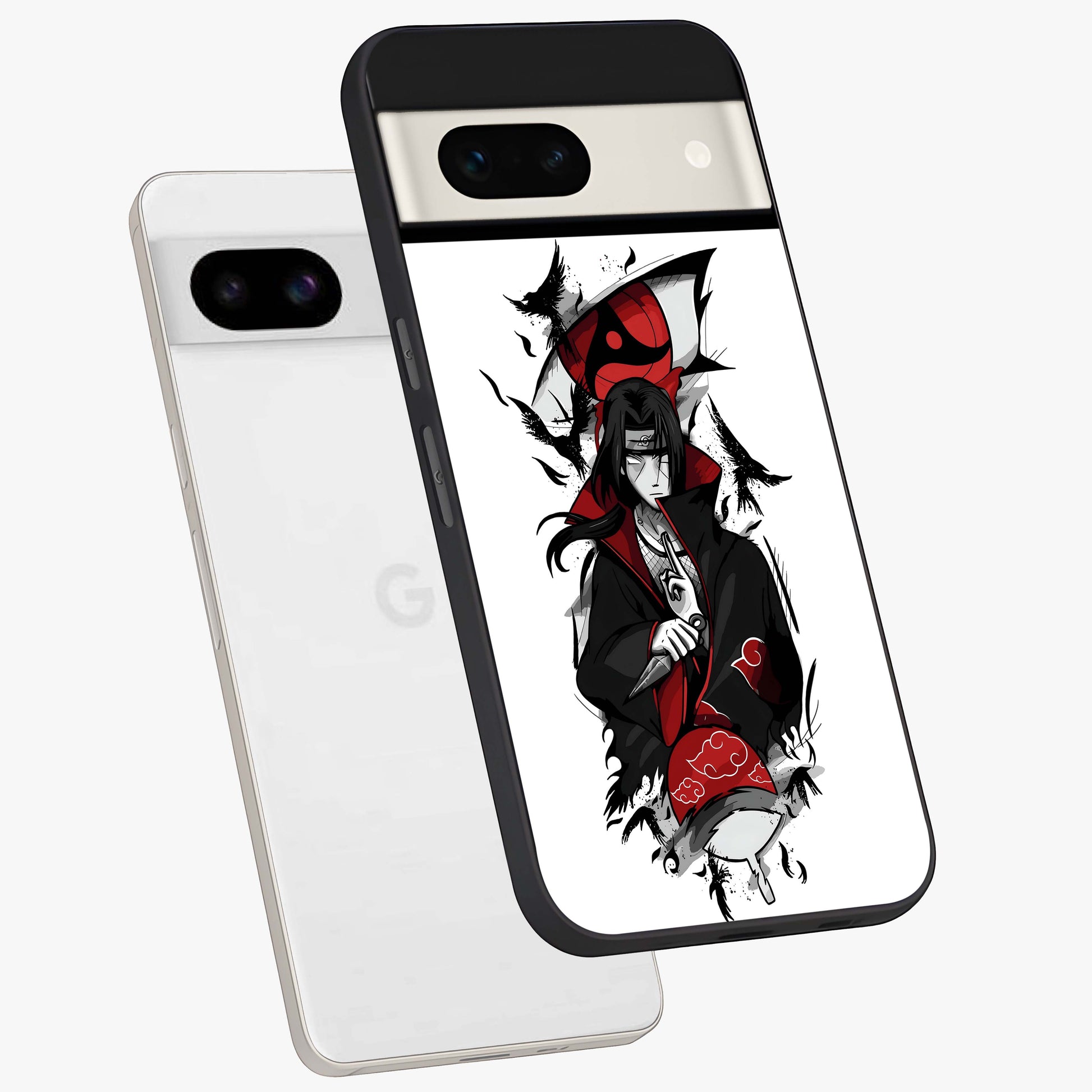 Itachi Limited Edition Naruto Anime Glass Case displayed in angled mockup highlighting dramatic anime illustration with bold action aesthetic.