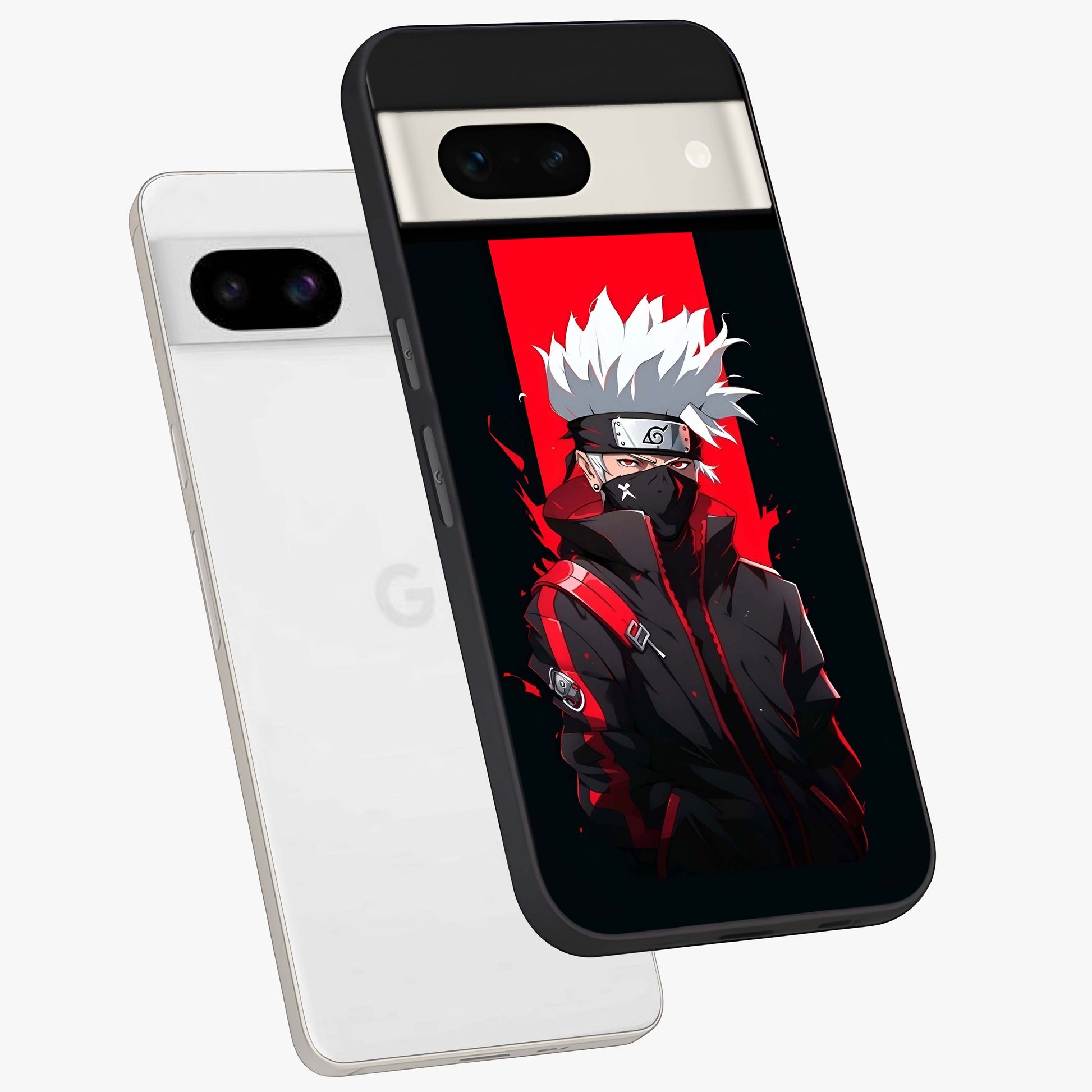 Kakashi Scarlet Shadow Glass Case displayed in angled mockup highlighting dramatic ninja illustration with scarlet themed aesthetic.