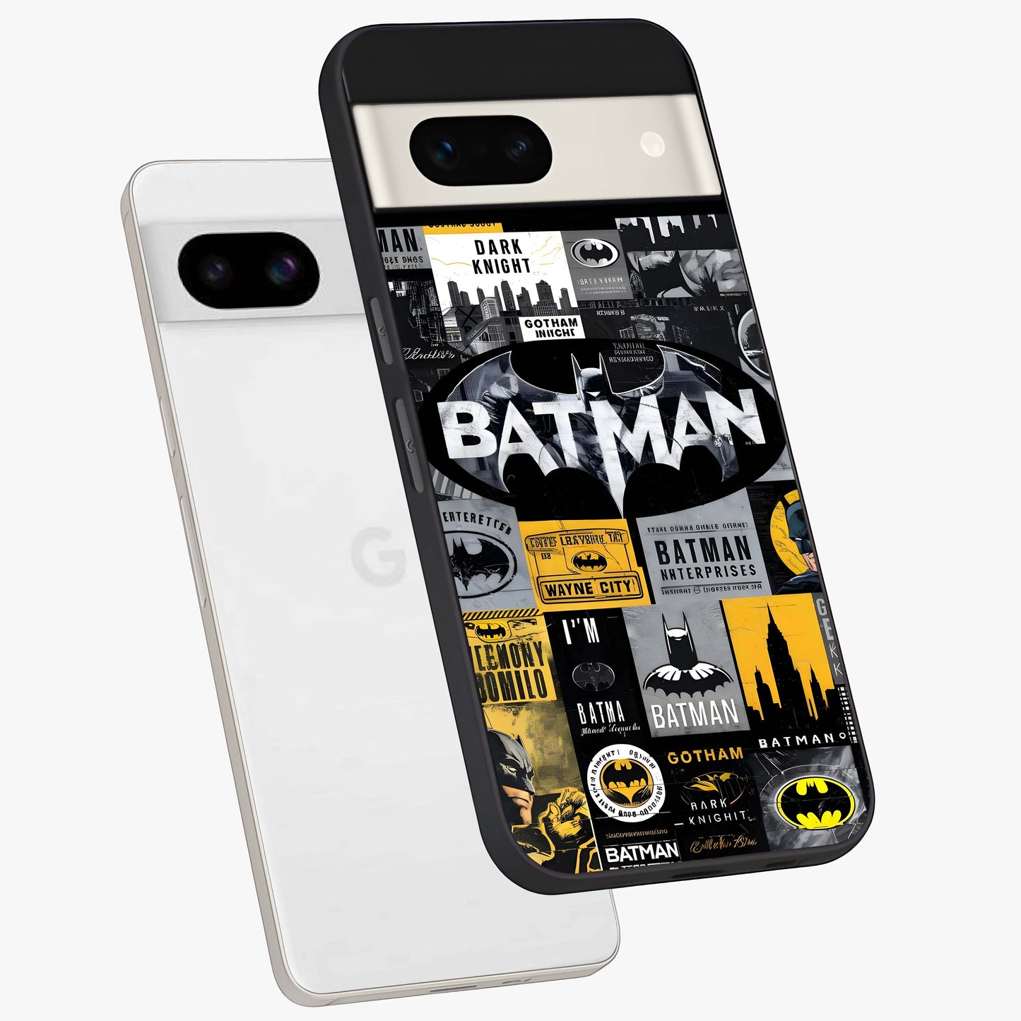 Knight Gotham Rise Glass Case displayed in angled mockup highlighting powerful knight silhouette design with dramatic aesthetic.