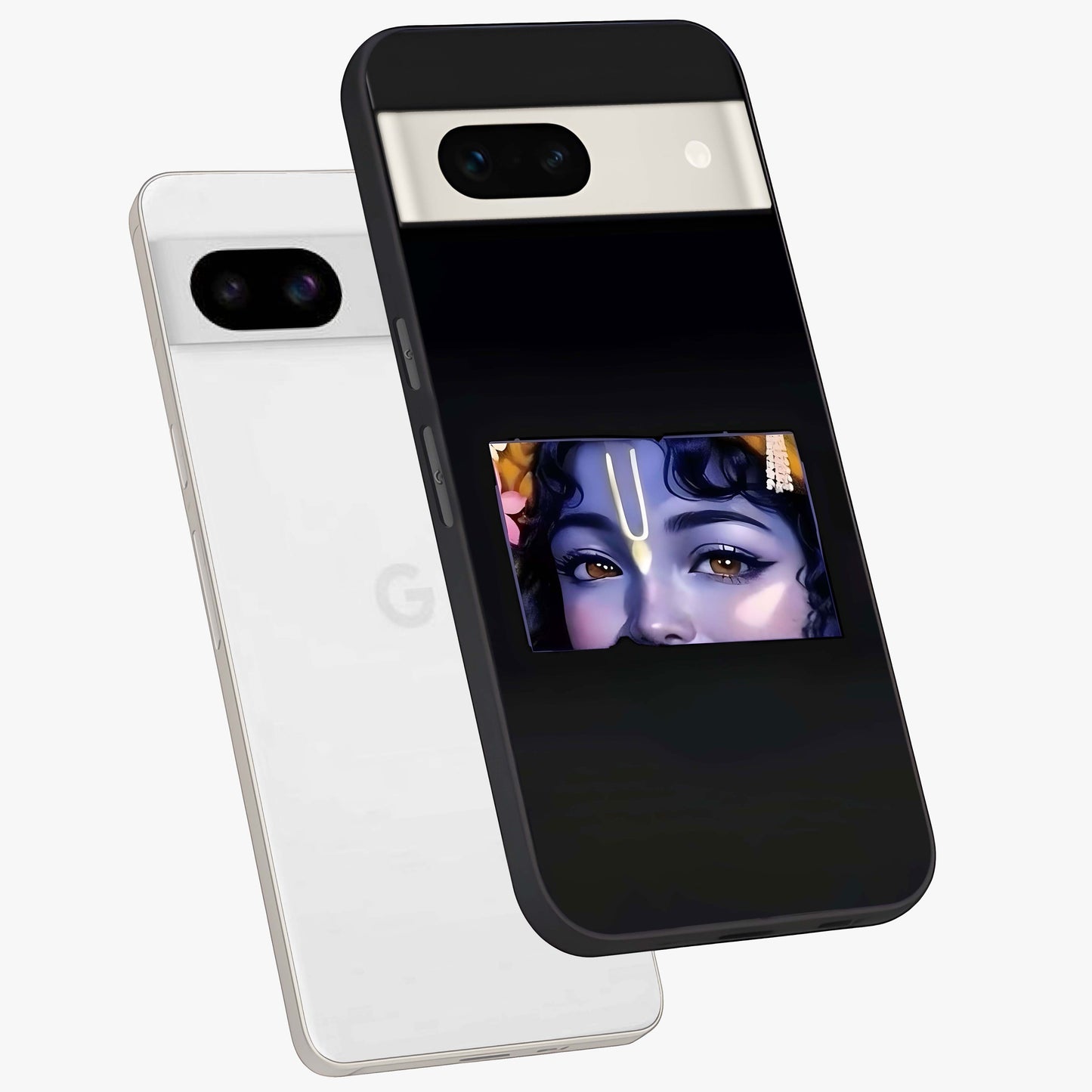 Krishna Divine Embrace Glass Case displayed in angled mockup highlighting divine Krishna illustration with spiritual aesthetic.