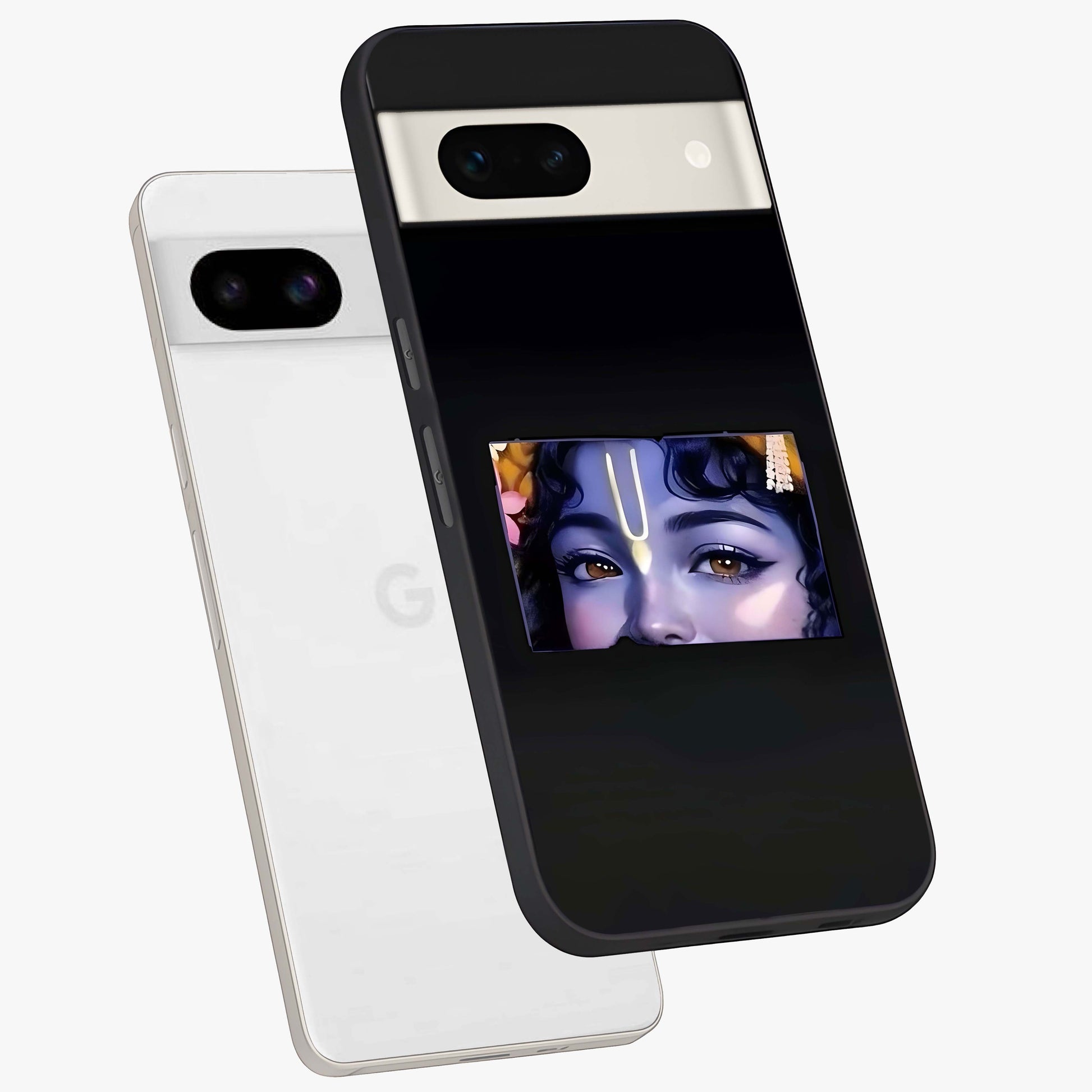 Krishna Divine Embrace Glass Case displayed in angled mockup highlighting divine Krishna illustration with spiritual aesthetic.