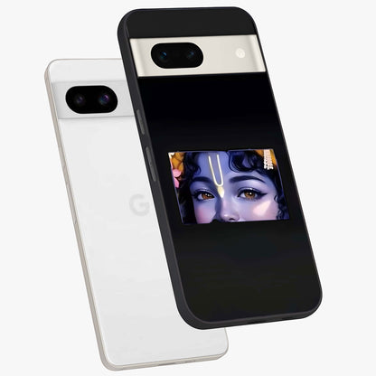Krishna Divine Embrace Glass Case displayed in angled mockup highlighting divine Krishna illustration with spiritual aesthetic.