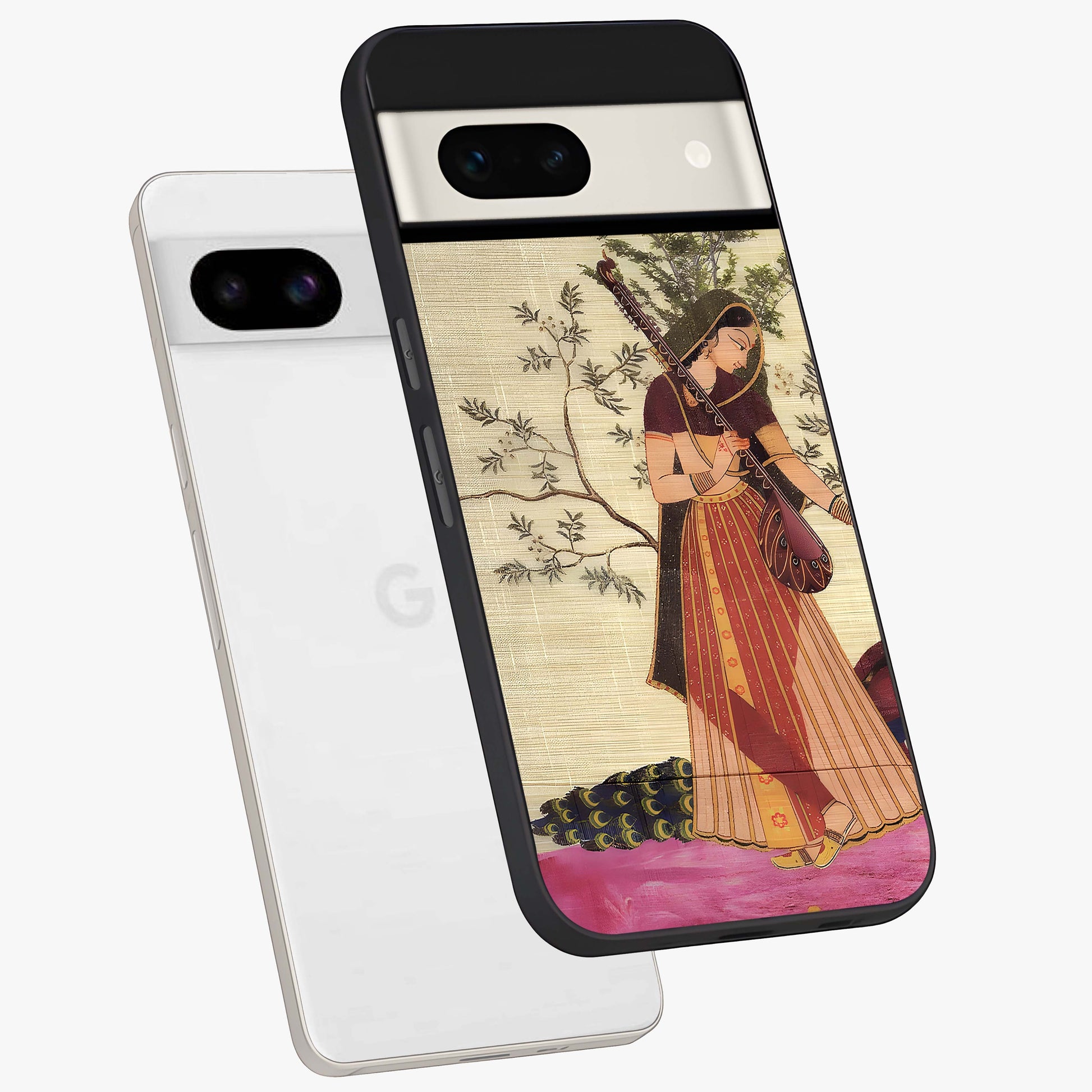 Lady With Veena Art Glass Case displayed in angled mockup highlighting graceful musical illustration with cultural artistic aesthetic.
