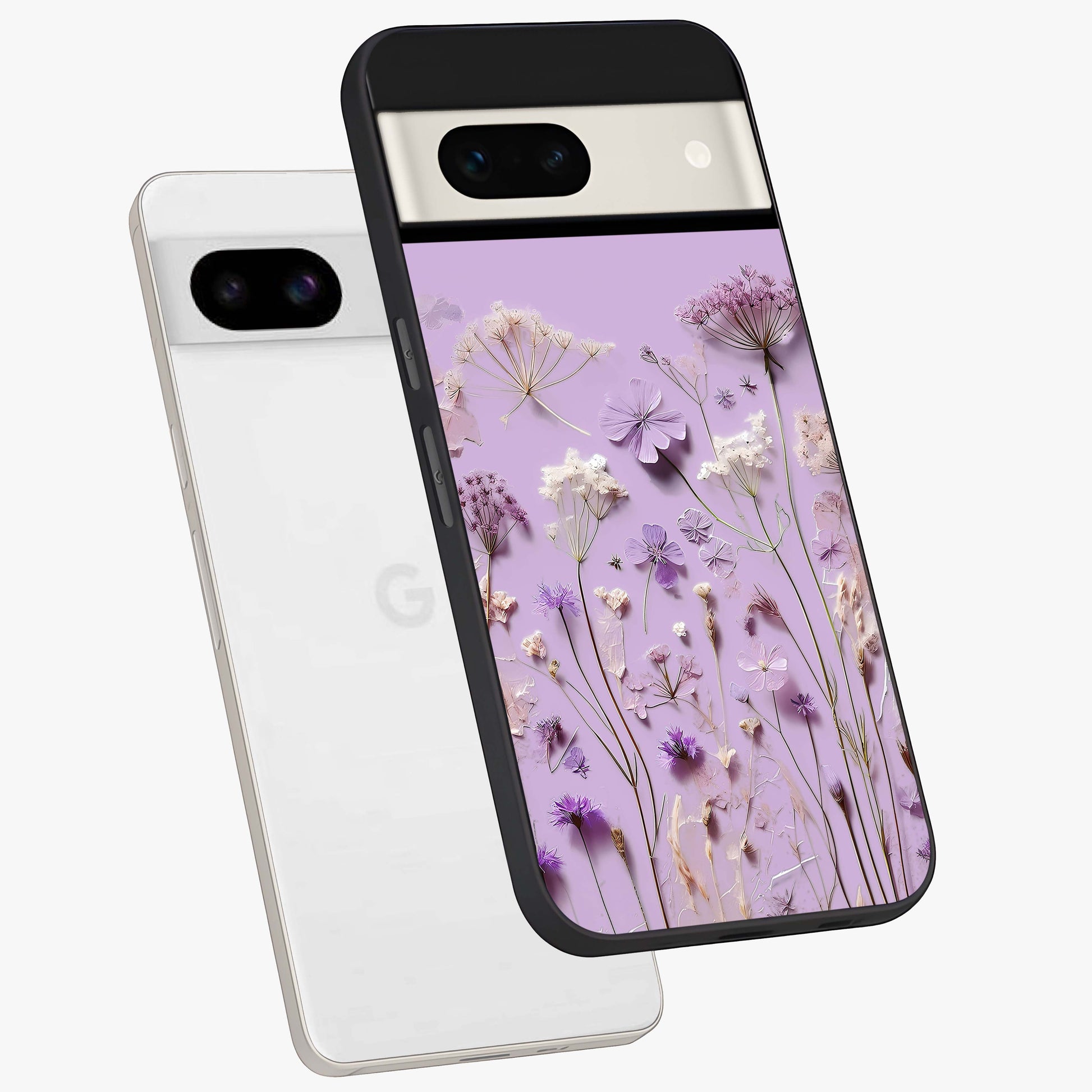 Lavender Blossom Dream Glass Case displayed in angled mockup highlighting dreamy lavender flower design with calming aesthetic style.
