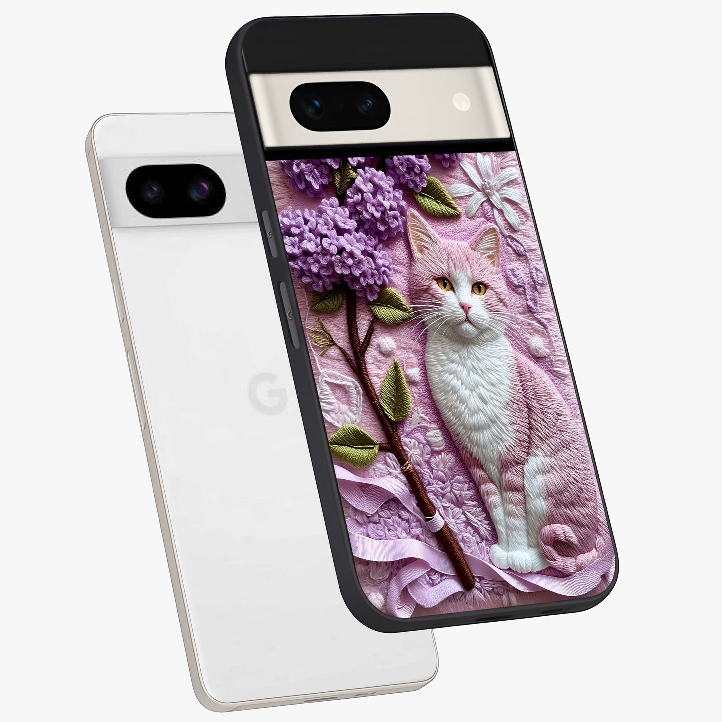 Lavender Cat Whimsy Glass Case displayed in angled mockup highlighting playful feline illustration with pastel lavender aesthetic.