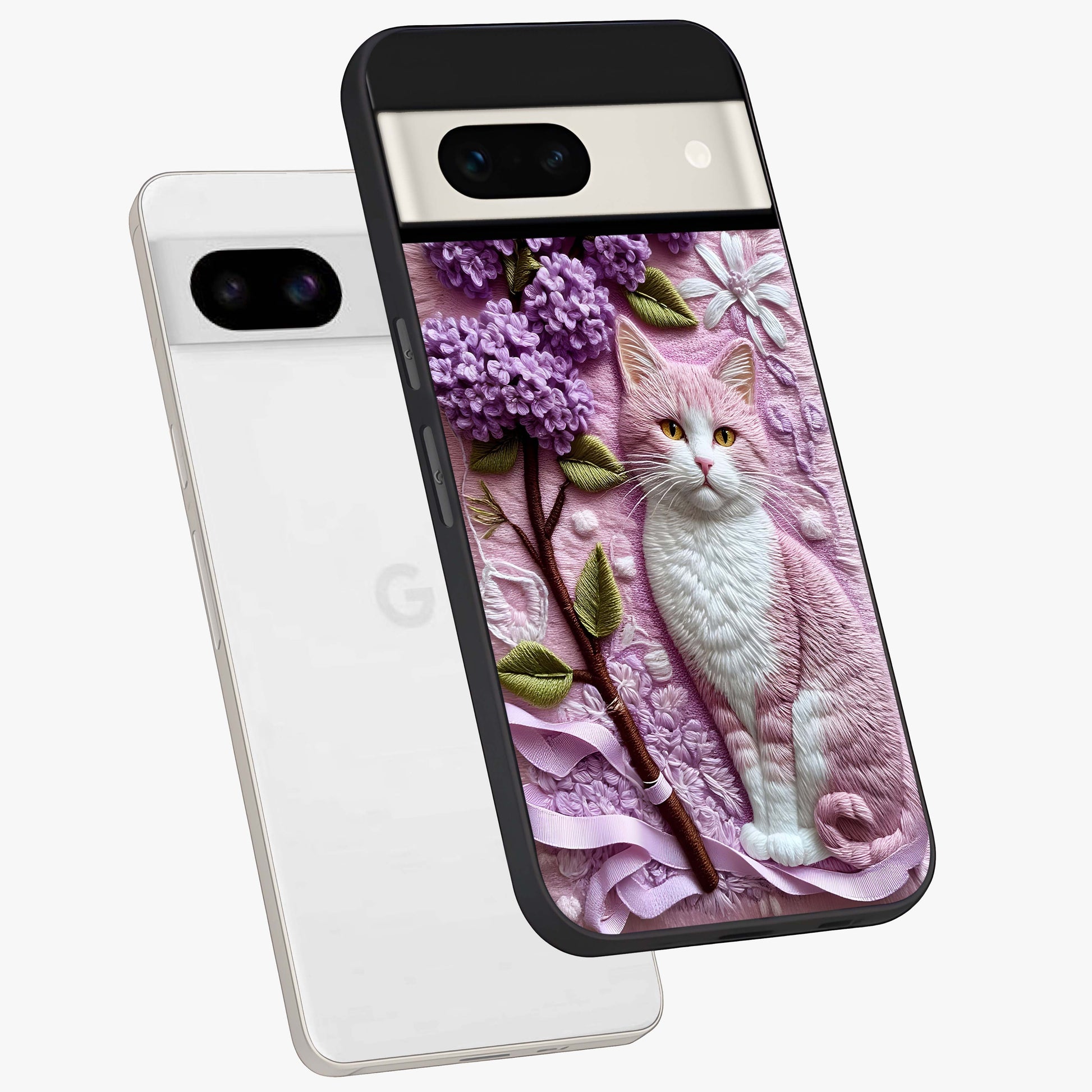 Lavender Cat Whimsy Glass Case displayed in angled mockup highlighting playful feline illustration with pastel lavender aesthetic.