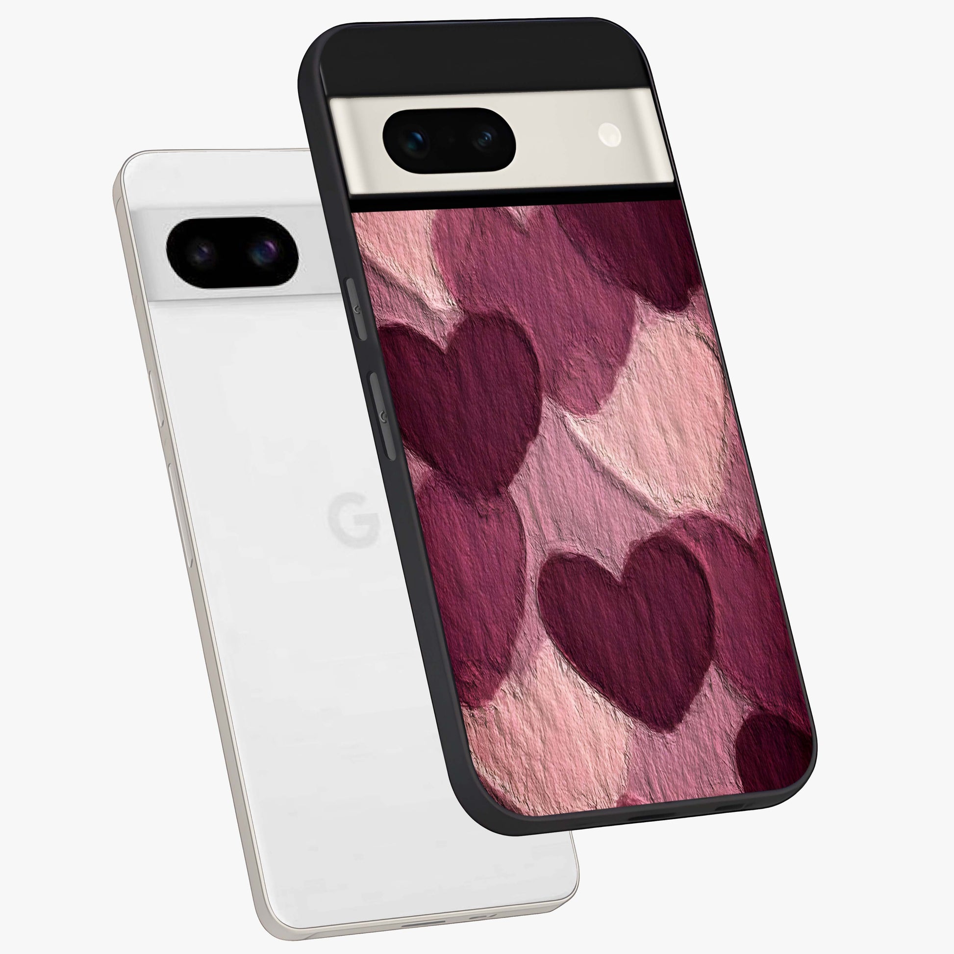 Layered Paper Hearts Glass Case displayed in angled mockup highlighting creative paper craft heart design with romantic aesthetic.