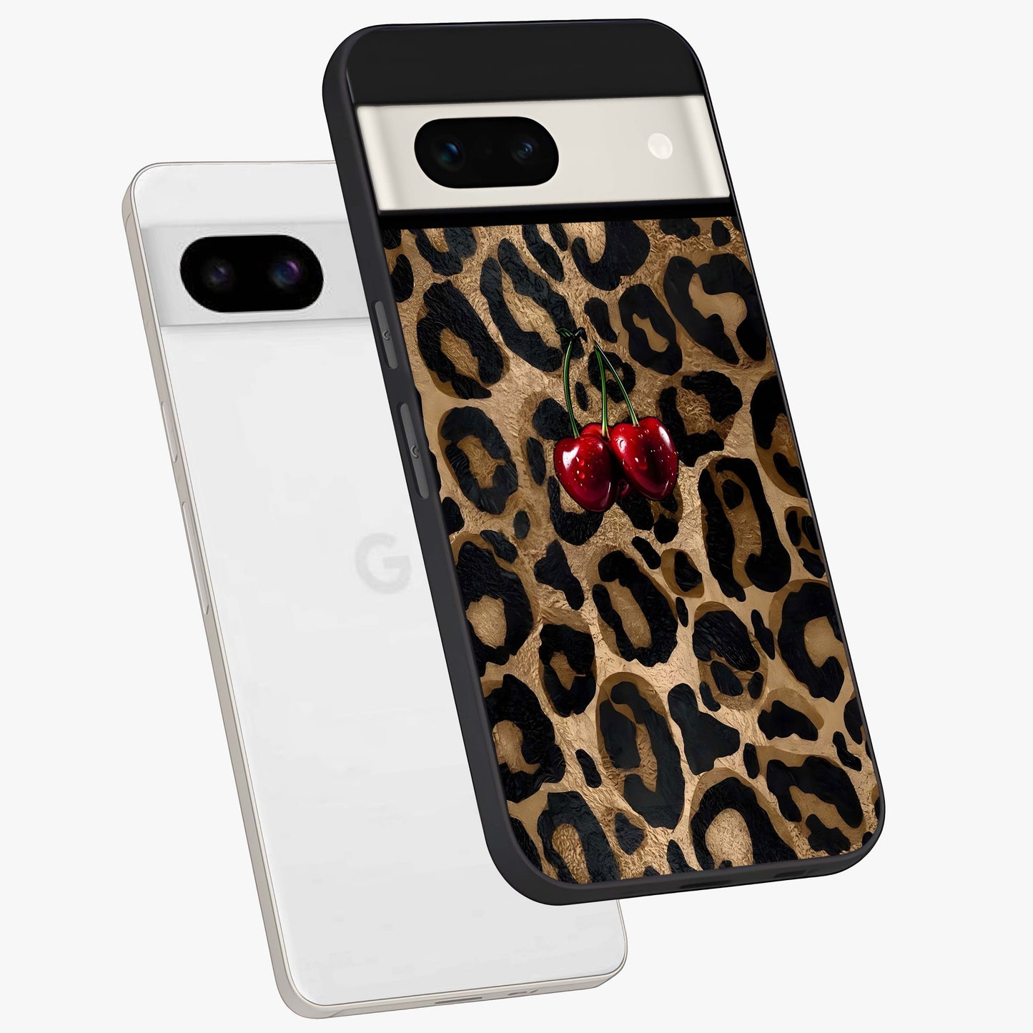 Leopard Wild Cherry Glass Case displayed in angled mockup highlighting bold animal print design with playful cherry aesthetic.