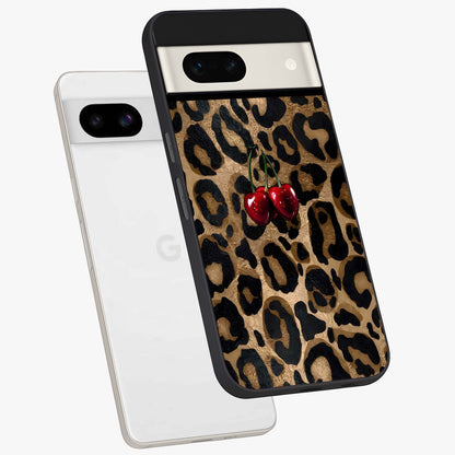 Leopard Wild Cherry Glass Case displayed in angled mockup highlighting bold animal print design with playful cherry aesthetic.