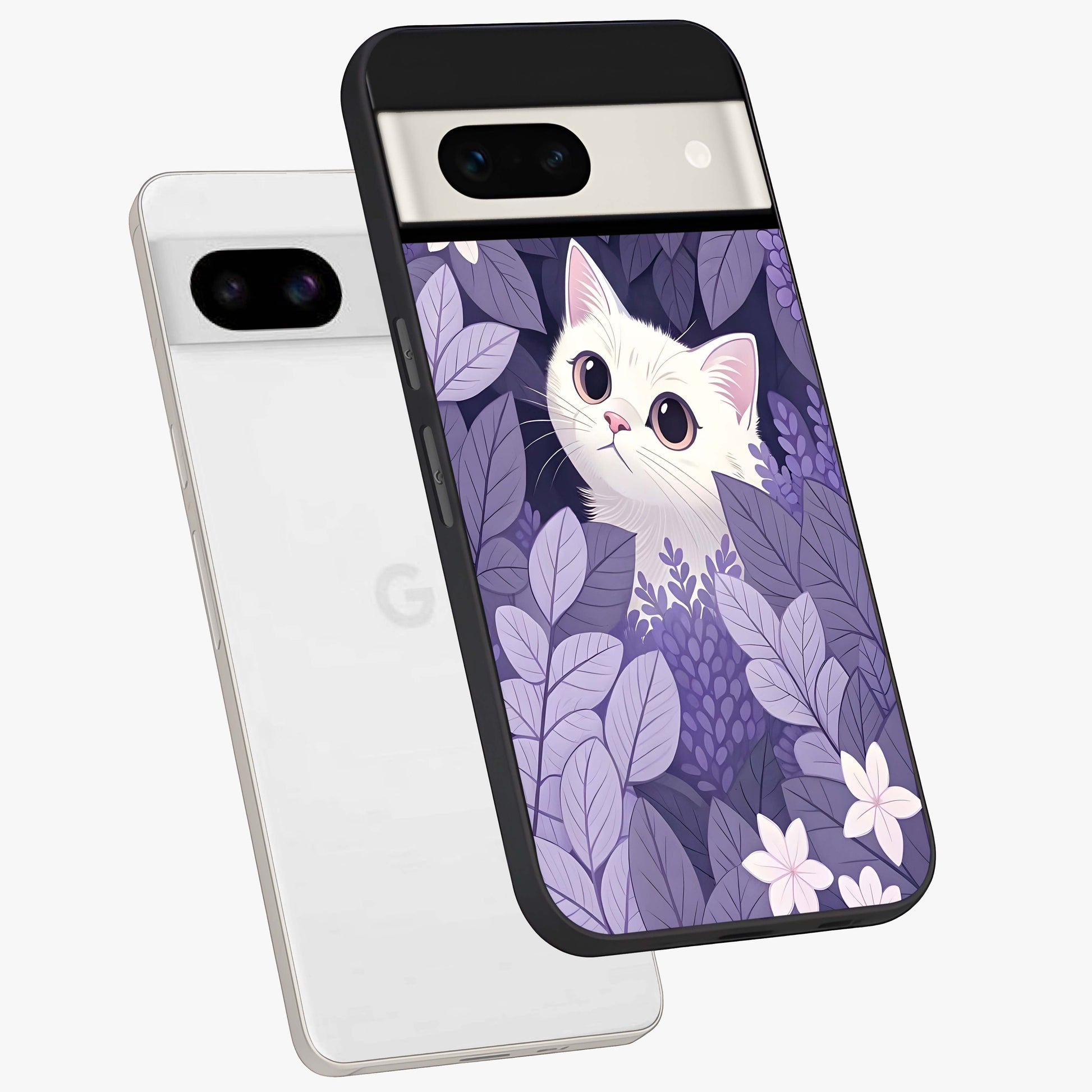 Lilac Hide Peek Cat Glass Case displayed in angled mockup highlighting playful feline illustration with lilac aesthetic design.