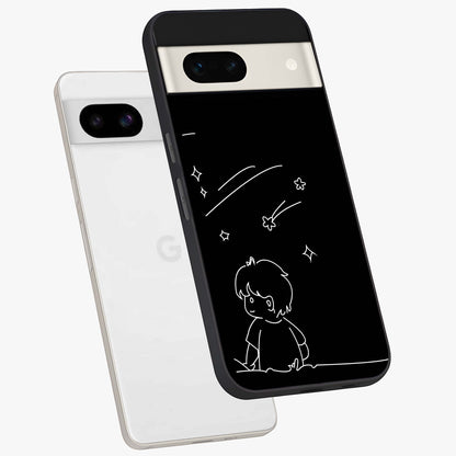 Line Art Boy With Shooting Stars Glass Case displayed in angled mockup highlighting elegant line art design with dreamy star aesthetic.