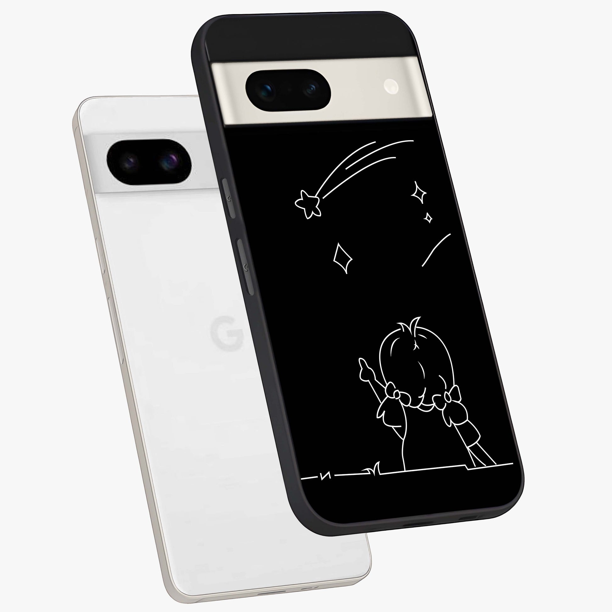 Line Art Girl With Shooting Stars Glass Case displayed in angled mockup highlighting elegant line art design with dreamy star aesthetic.