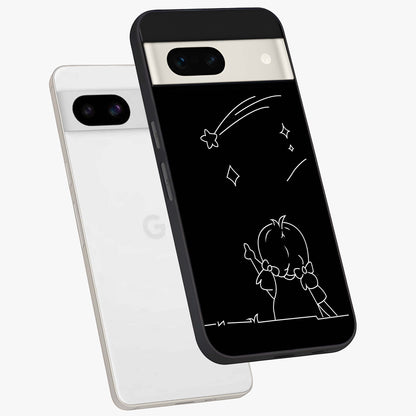 Line Art Girl With Shooting Stars Glass Case displayed in angled mockup highlighting elegant line art design with dreamy star aesthetic.