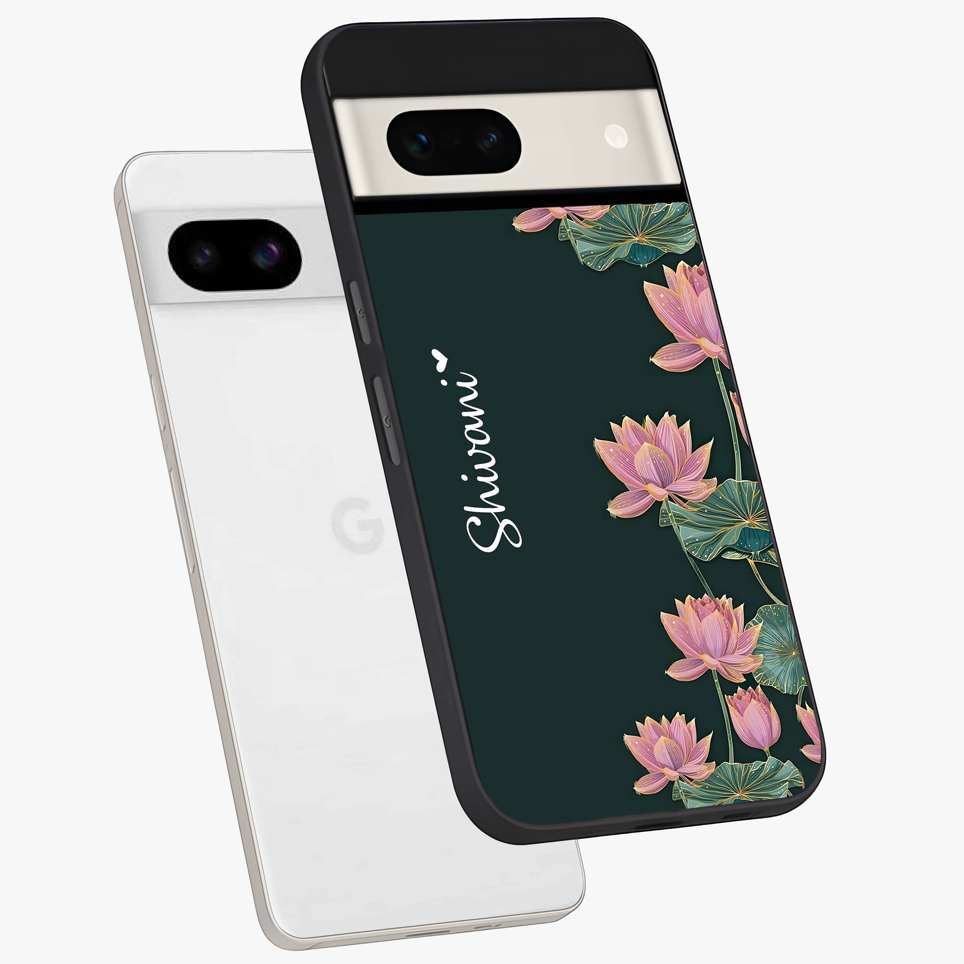 Lotus Bloom Serenity Custom Name Glass Case displayed in angled mockup highlighting graceful lotus illustration with custom name feature.