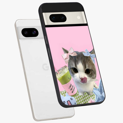 Love Matcha Cat Glass Case displayed in angled mockup highlighting playful feline illustration with cozy matcha aesthetic.