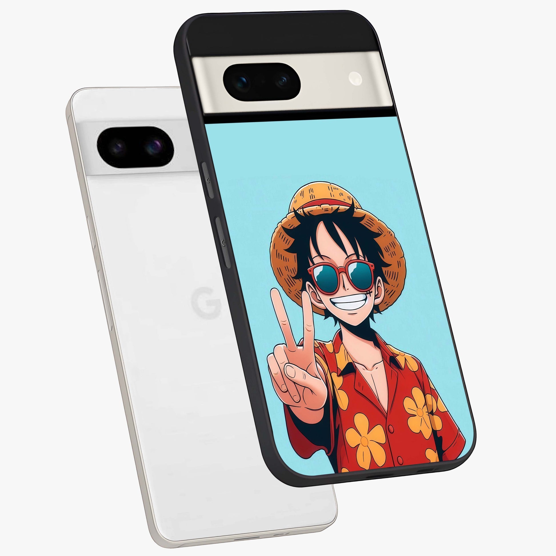 Luffy Summer Anime Vibe Glass Case displayed in angled mockup highlighting energetic anime illustration with summer vibe aesthetic.
