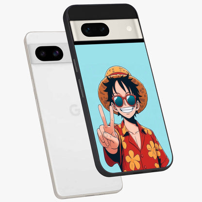Luffy Summer Anime Vibe Glass Case displayed in angled mockup highlighting energetic anime illustration with summer vibe aesthetic.