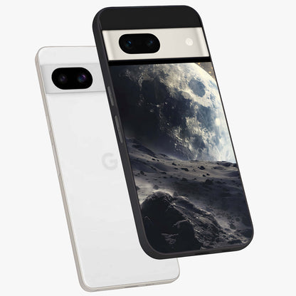 Lunar Horizon Glow Glass Case displayed in angled mockup highlighting celestial moon design with dreamy night aesthetic.