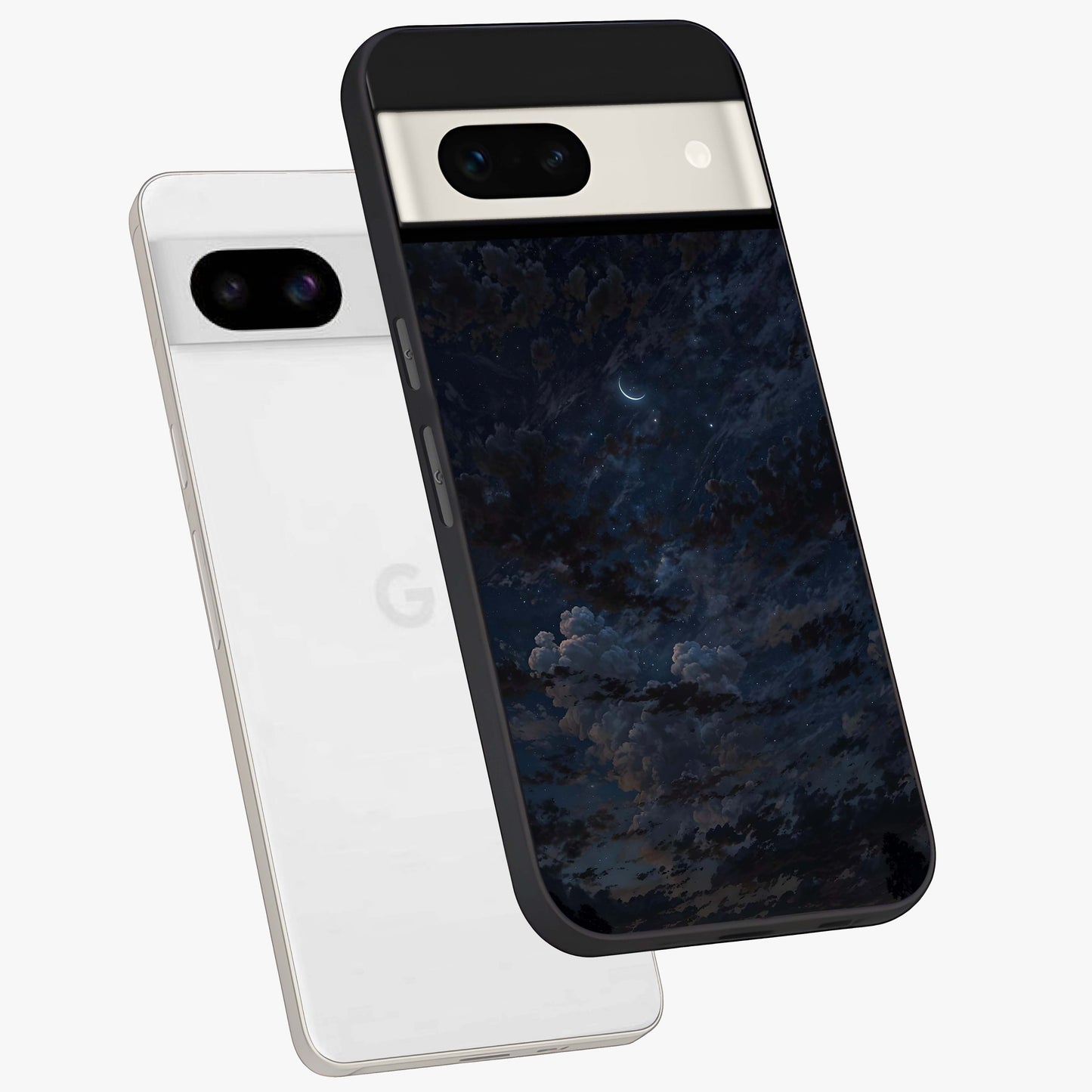 Lunar Veil Silence Glass Case displayed in angled mockup highlighting soft lunar design with peaceful celestial aesthetic.
