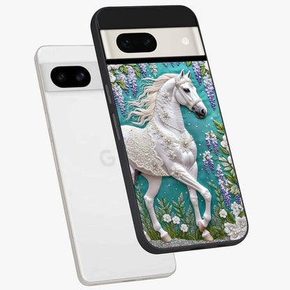 Majestic Floral Stallion Glass Case displayed in angled mockup highlighting majestic stallion illustration with elegant floral aesthetic.