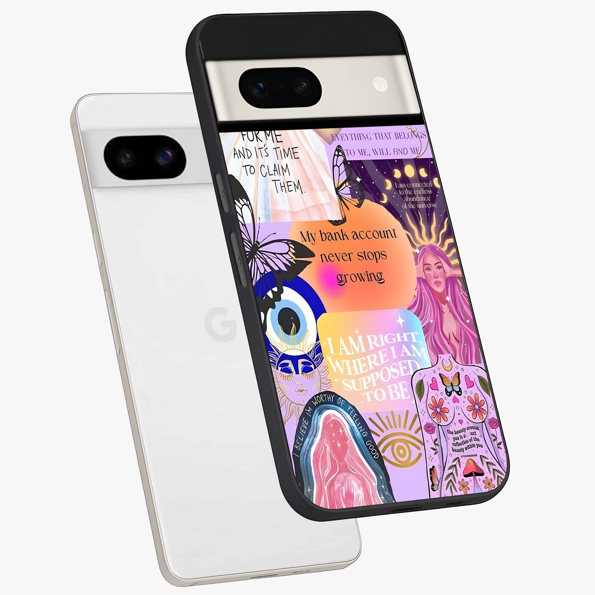 Manifestation Collage Glass Case displayed in angled mockup highlighting inspirational aesthetic collage design.