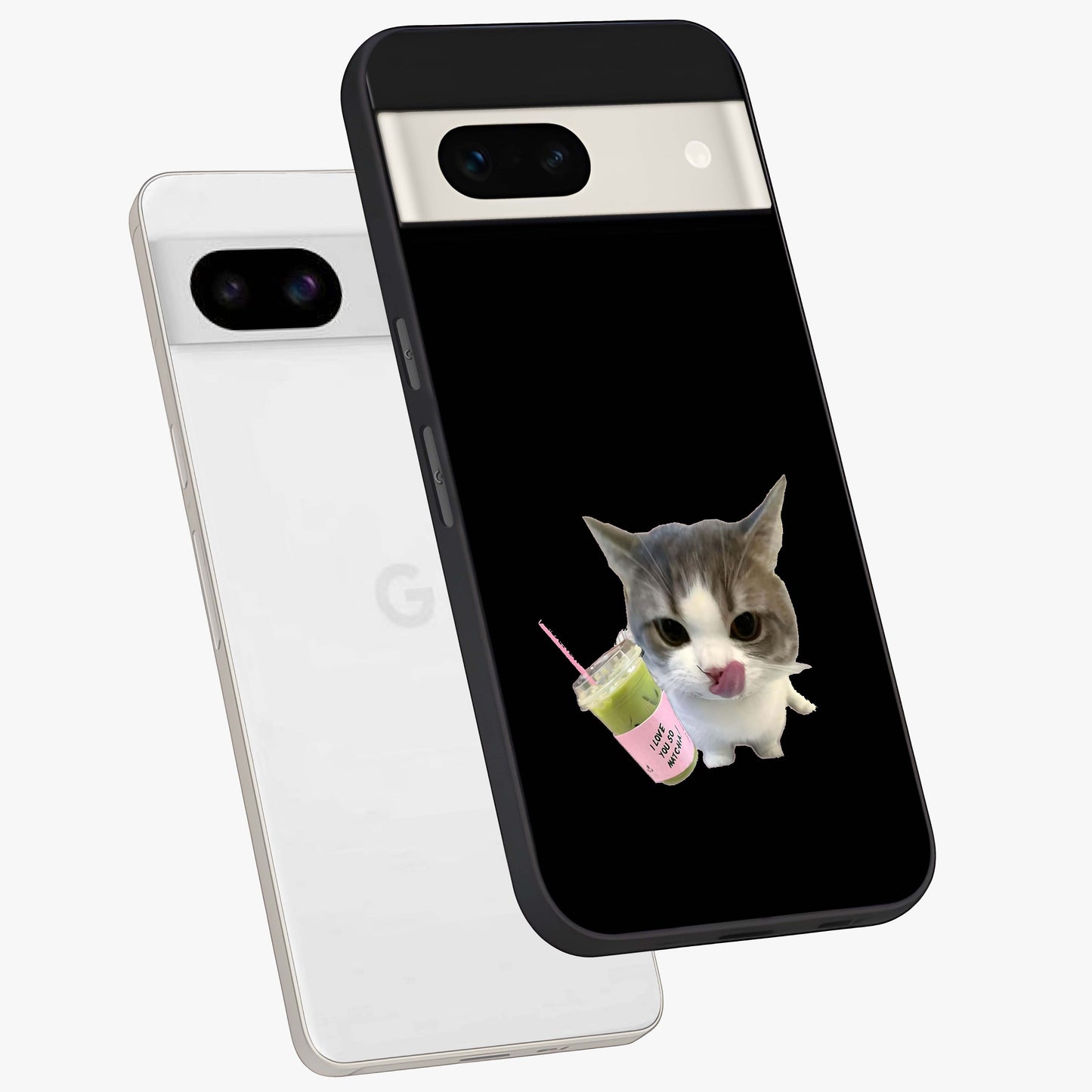 Matcha Cat Style Glass Case displayed in angled mockup highlighting playful feline design with pastel matcha aesthetic.
