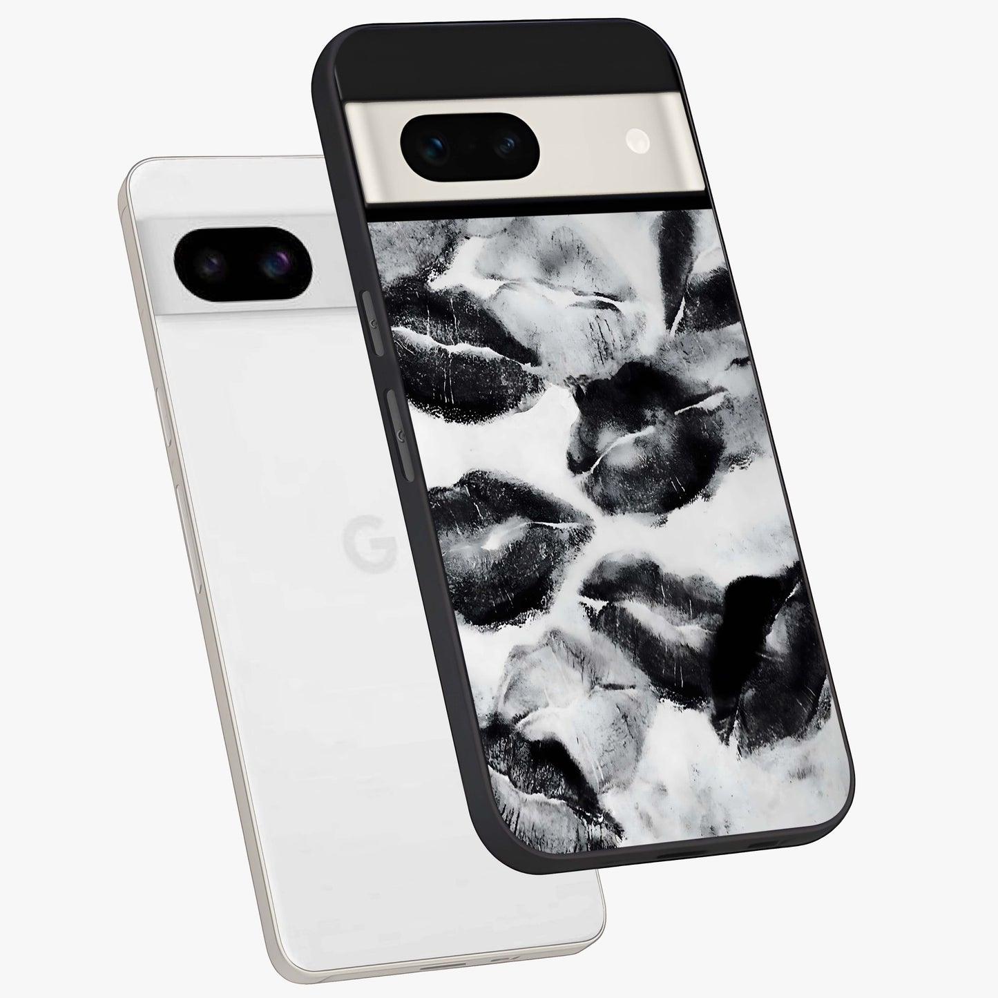 Midnight Kiss Marks Glass Case displayed in angled mockup highlighting playful romantic design with bold midnight aesthetic.