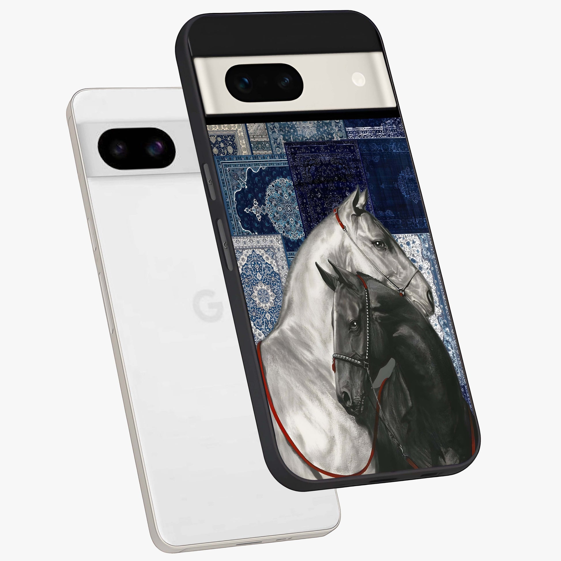 Midnight Stallion Blues Glass Case displayed in angled mockup highlighting powerful stallion illustration with deep midnight tones.