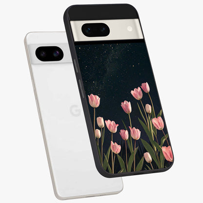 Midnight Tulip Whispers Vibe Glass Case displayed in angled mockup highlighting delicate tulip design with midnight floral aesthetic.