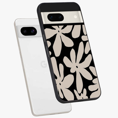 Monochrome Petal Dance Glass Case displayed in angled mockup highlighting elegant petal design with black and white aesthetic.