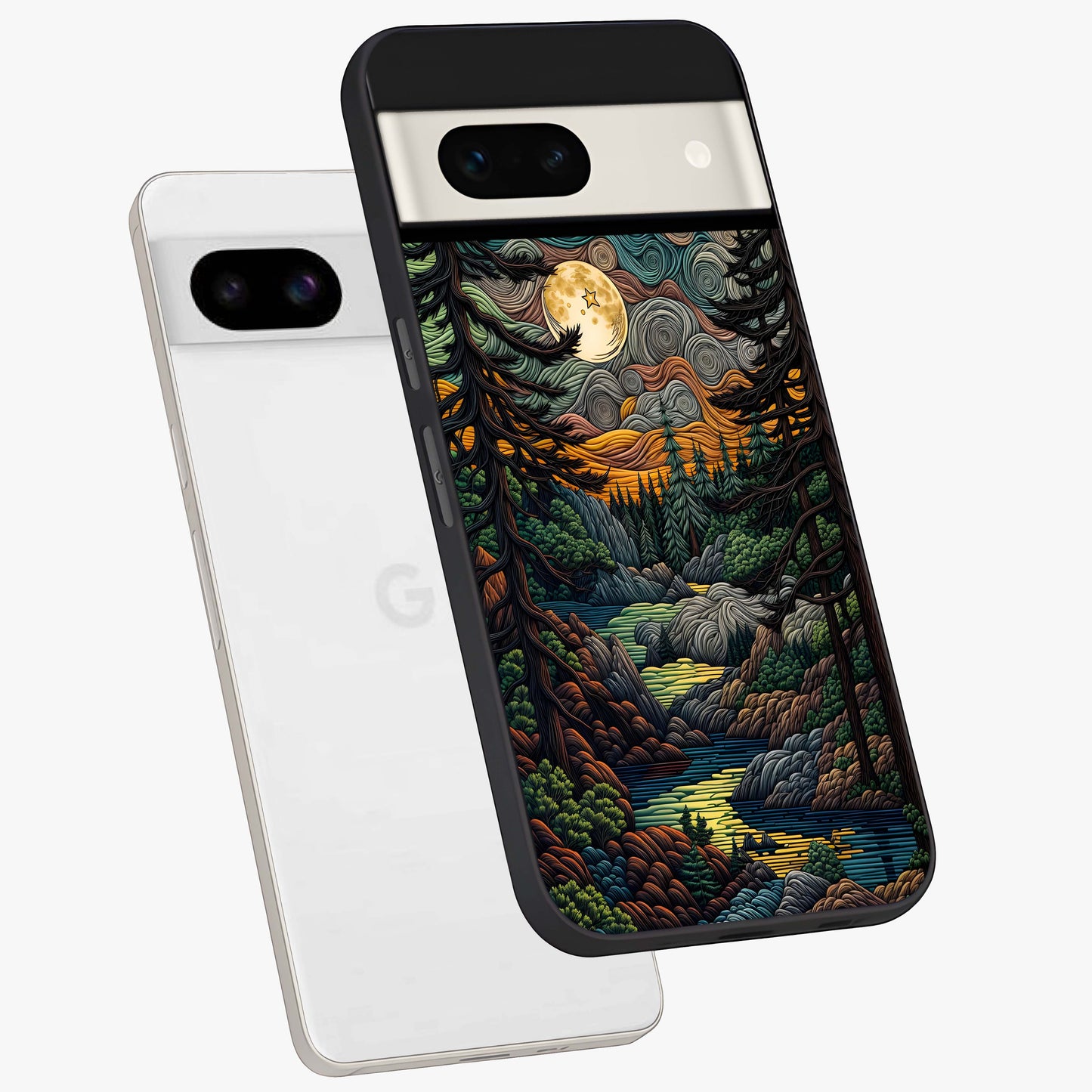 Moonlight Forest Dream Glass Case displayed in angled mockup highlighting dreamy forest design with glowing moon aesthetic.