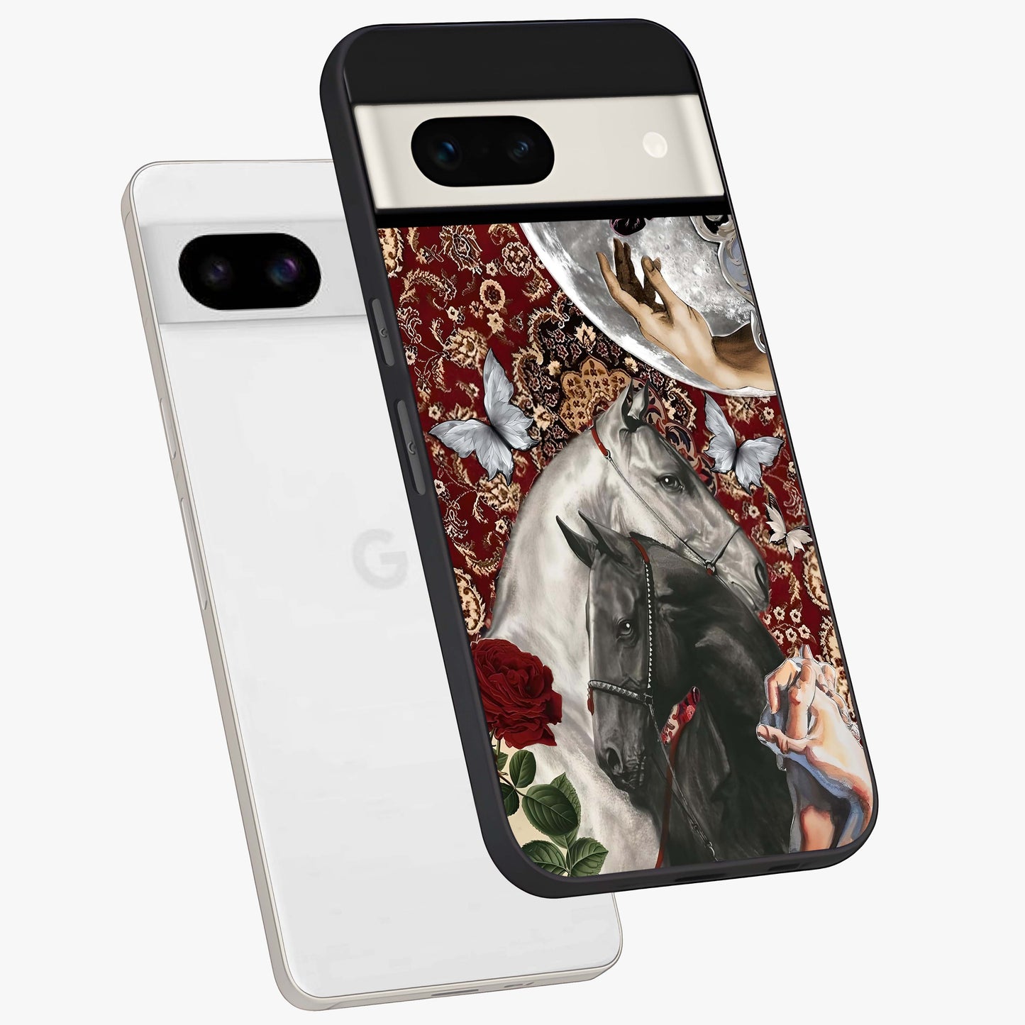 Moonlit Royal Stallion Glass Case displayed in angled mockup highlighting powerful stallion illustration with royal night aesthetic.
