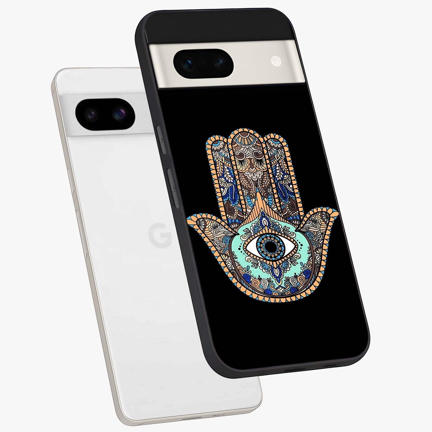 Mystic Hamsa Eye Glass Case displayed in angled mockup highlighting spiritual hamsa symbol with mystical aesthetic style.