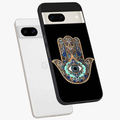 Mystic Hamsa Eye Glass Case displayed in angled mockup highlighting spiritual hamsa symbol with mystical aesthetic style.