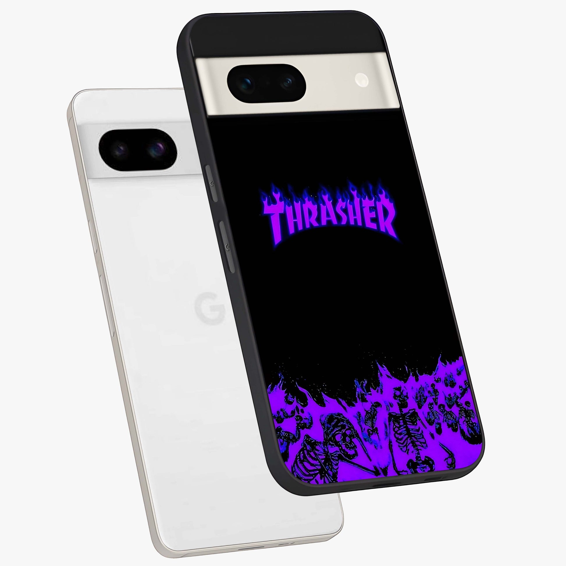 Neon Flame Riot Glass Case displayed in angled mockup highlighting glowing flame design with vibrant neon aesthetic.