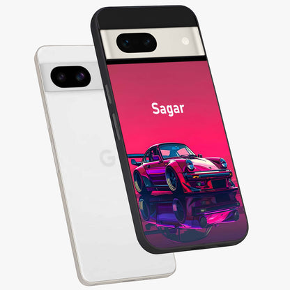 Neon Pink Porsche Glass Case displayed in angled mockup highlighting sleek neon pink car design with racing aesthetic.