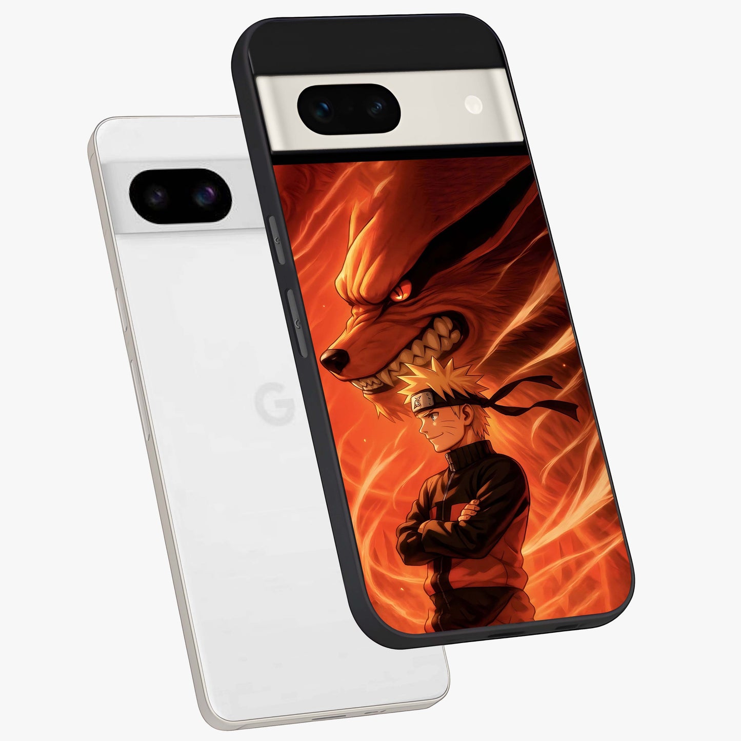 Nine Tails Legacy Glass Case displayed in angled mockup highlighting dynamic anime beast illustration with bold mystical aesthetic.