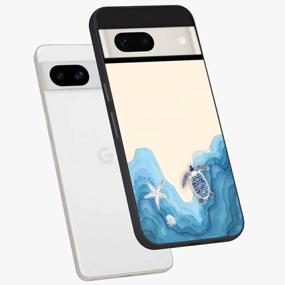 Ocean Drift Turtle Glass Case displayed in angled mockup highlighting peaceful ocean turtle illustration with marine aesthetic.