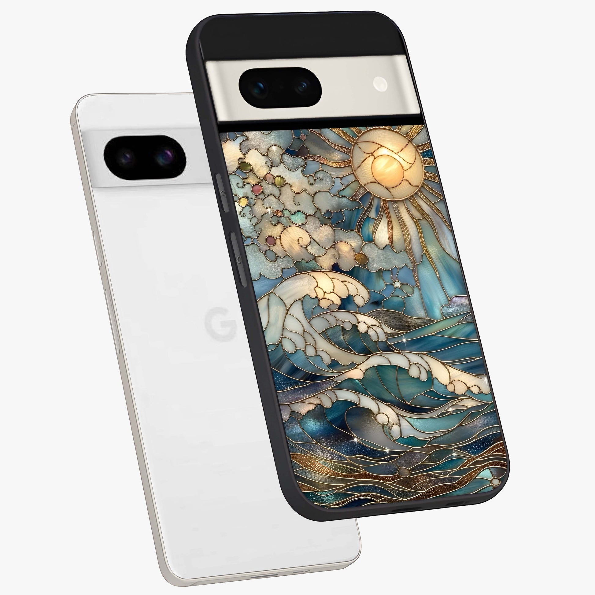 Oceanic Stained Printed Glass Case displayed in angled mockup highlighting colorful aquatic design with artistic aesthetic style.