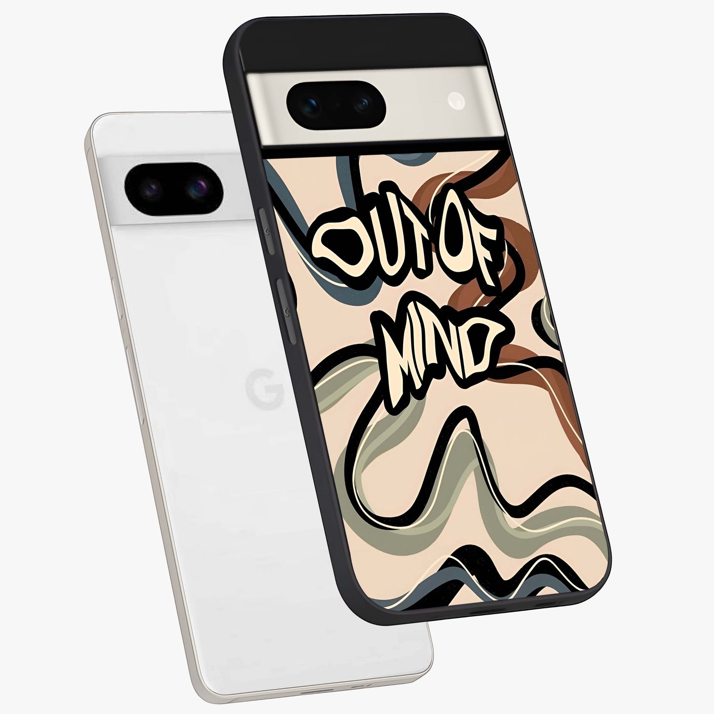 Out Of Mind Glass Case displayed in angled mockup highlighting bold statement design with modern artistic aesthetic.