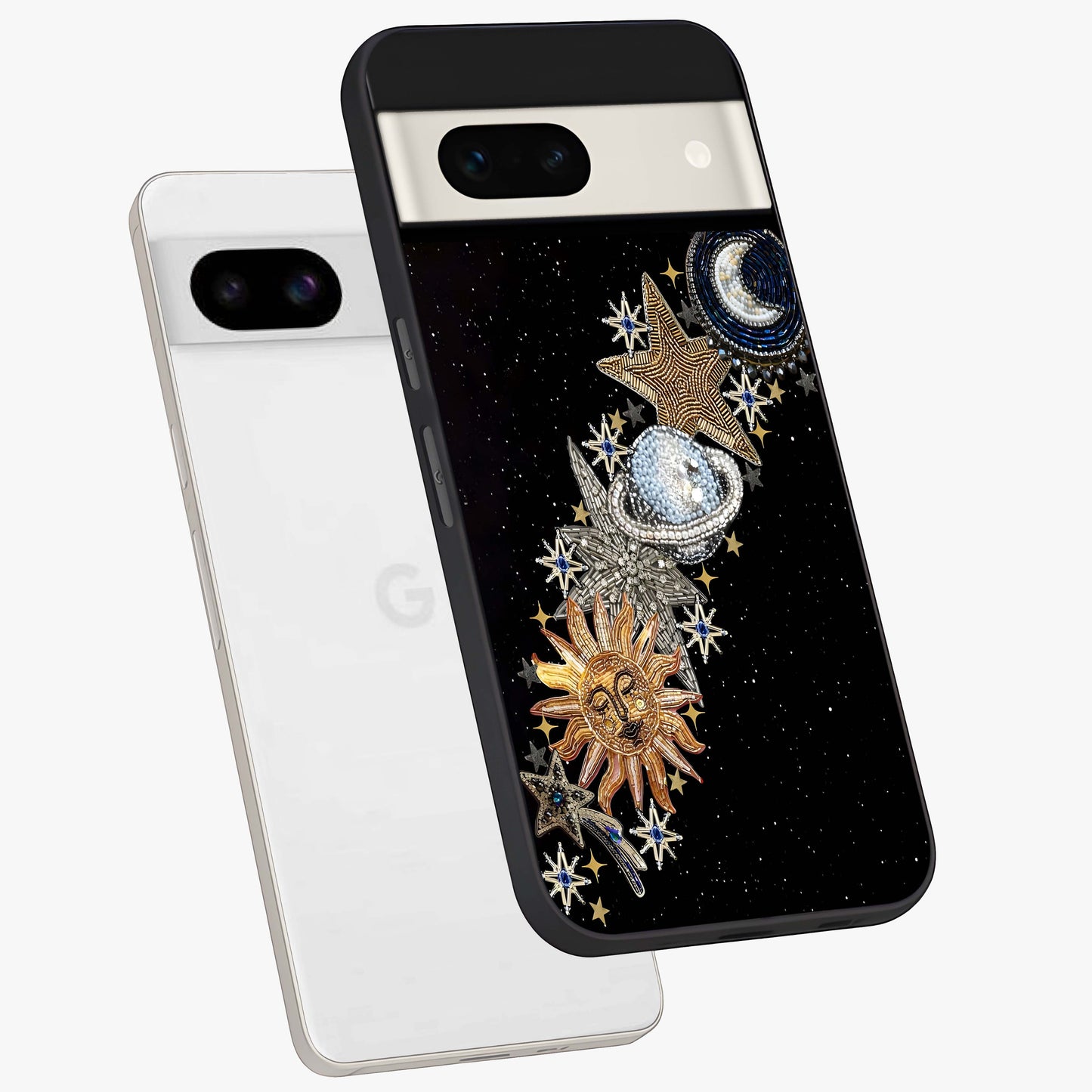 Pearls Universe Object Glass Case displayed in angled mockup highlighting celestial pearl design with dreamy aesthetic.