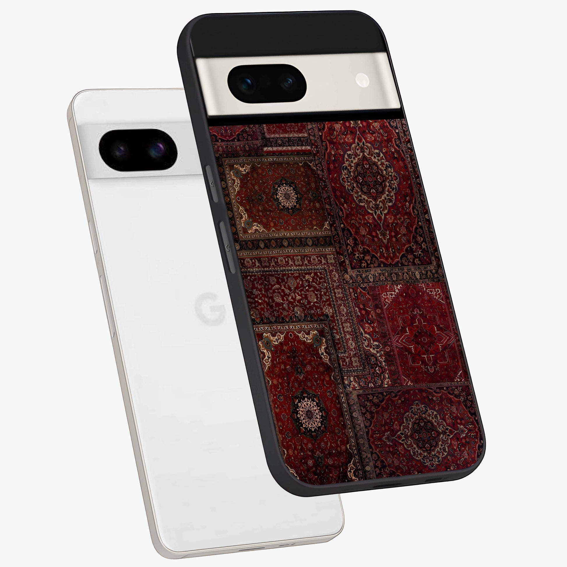 Persian Velvet Tale Glass Case displayed in angled mockup highlighting ornate textile inspired design with royal aesthetic.