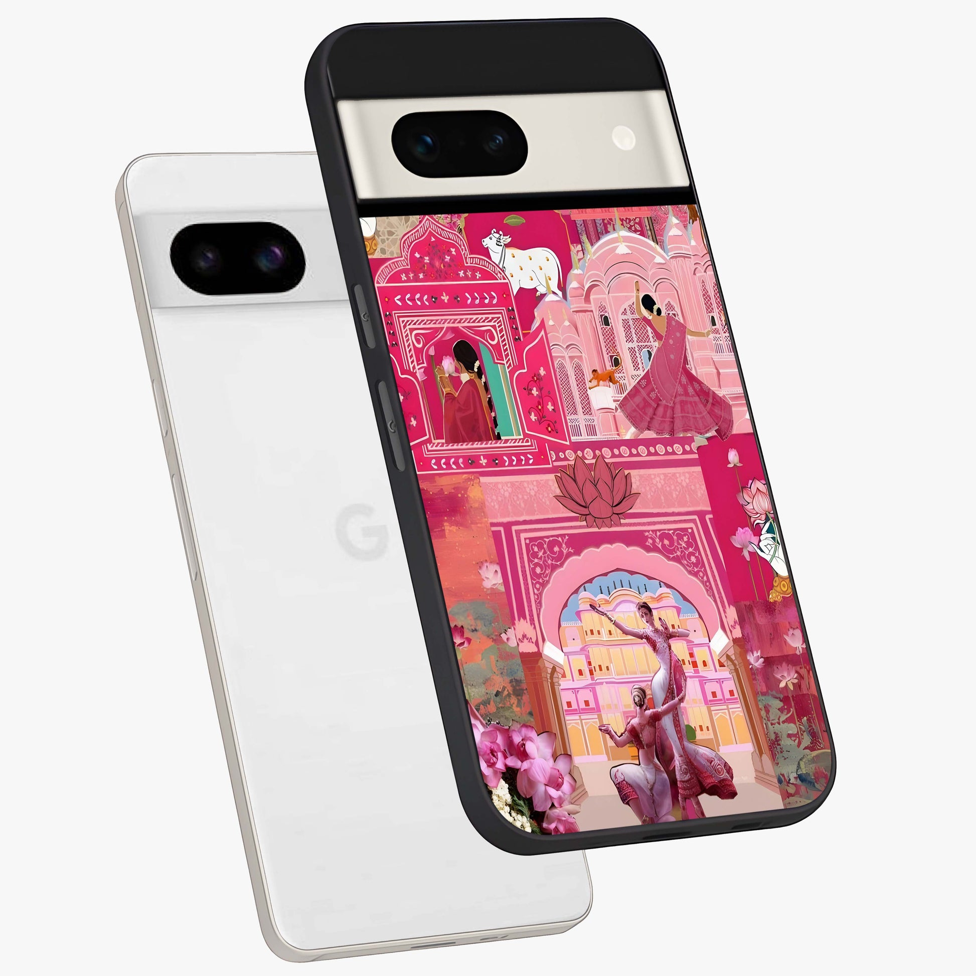 Pink Palace Muse Glass Case displayed in angled mockup highlighting dreamy palace illustration with soft pink aesthetic.