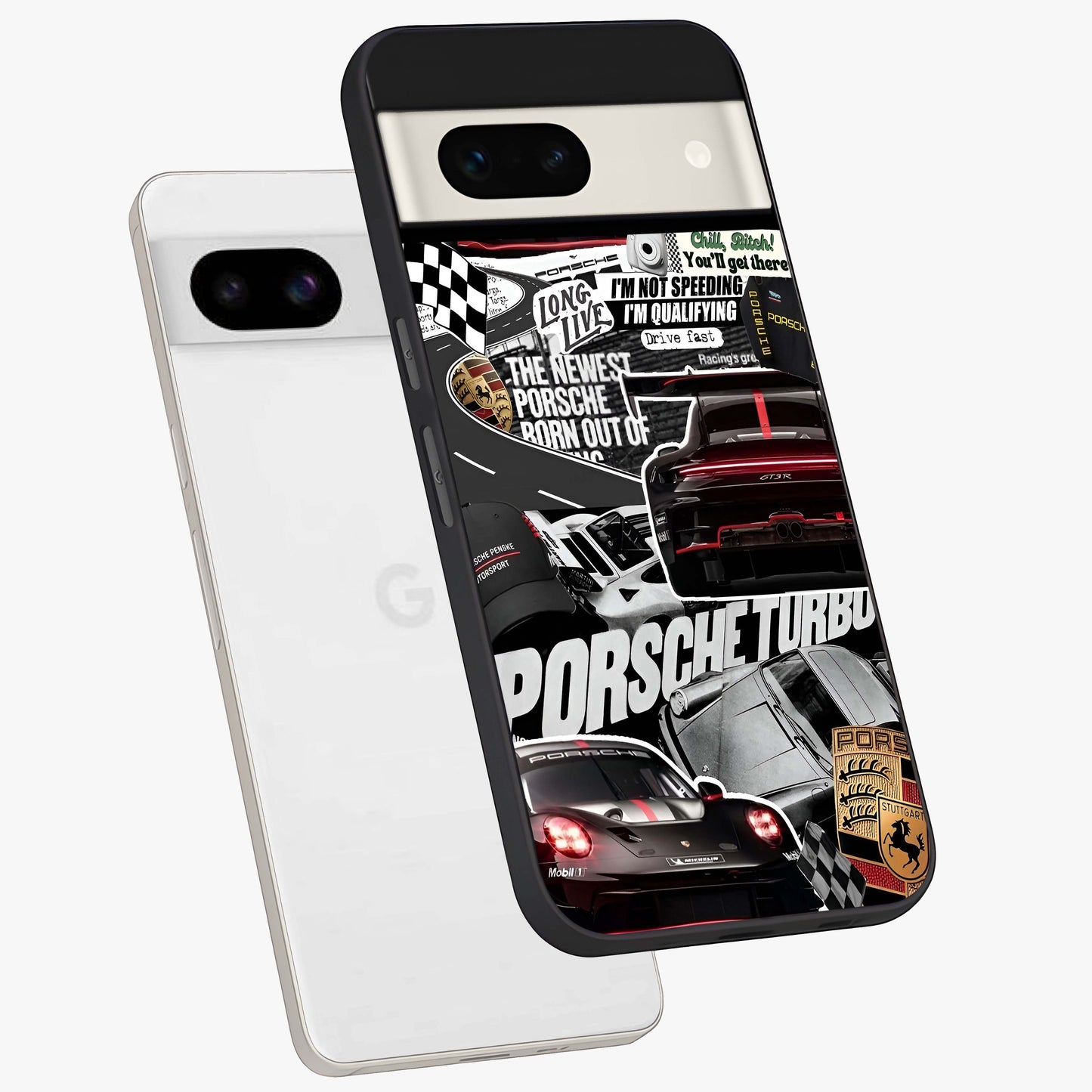 Porsche Racing Collage Glass Case displayed in angled mockup highlighting dynamic automotive design with bold racing aesthetic.