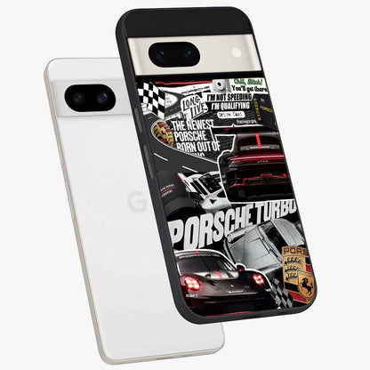 Porsche Racing Collage Glass Case displayed in angled mockup highlighting dynamic automotive design with bold racing aesthetic.
