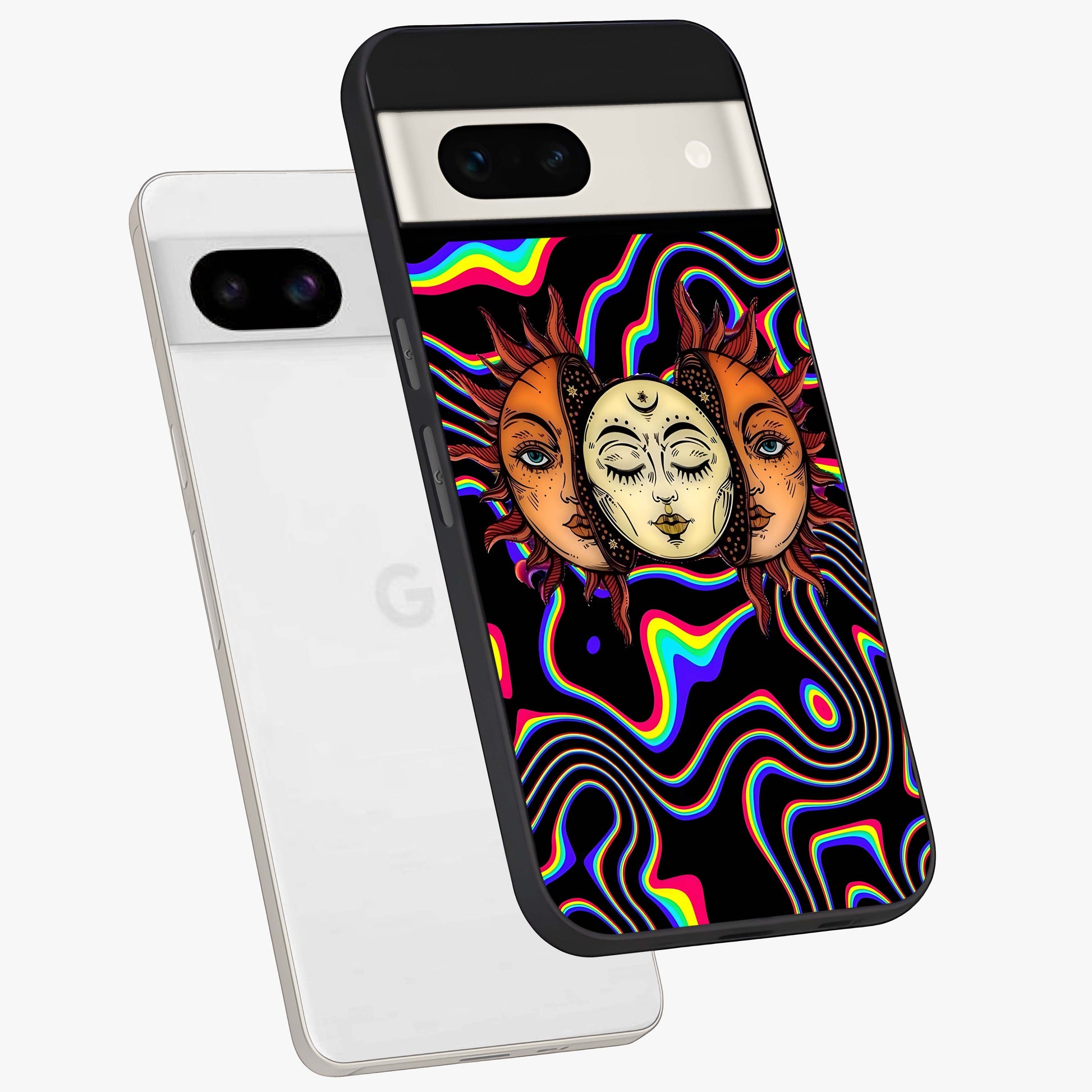 Psychedelic Sun Glass Case displayed in angled mockup highlighting vibrant abstract sun design with artistic aesthetic style.