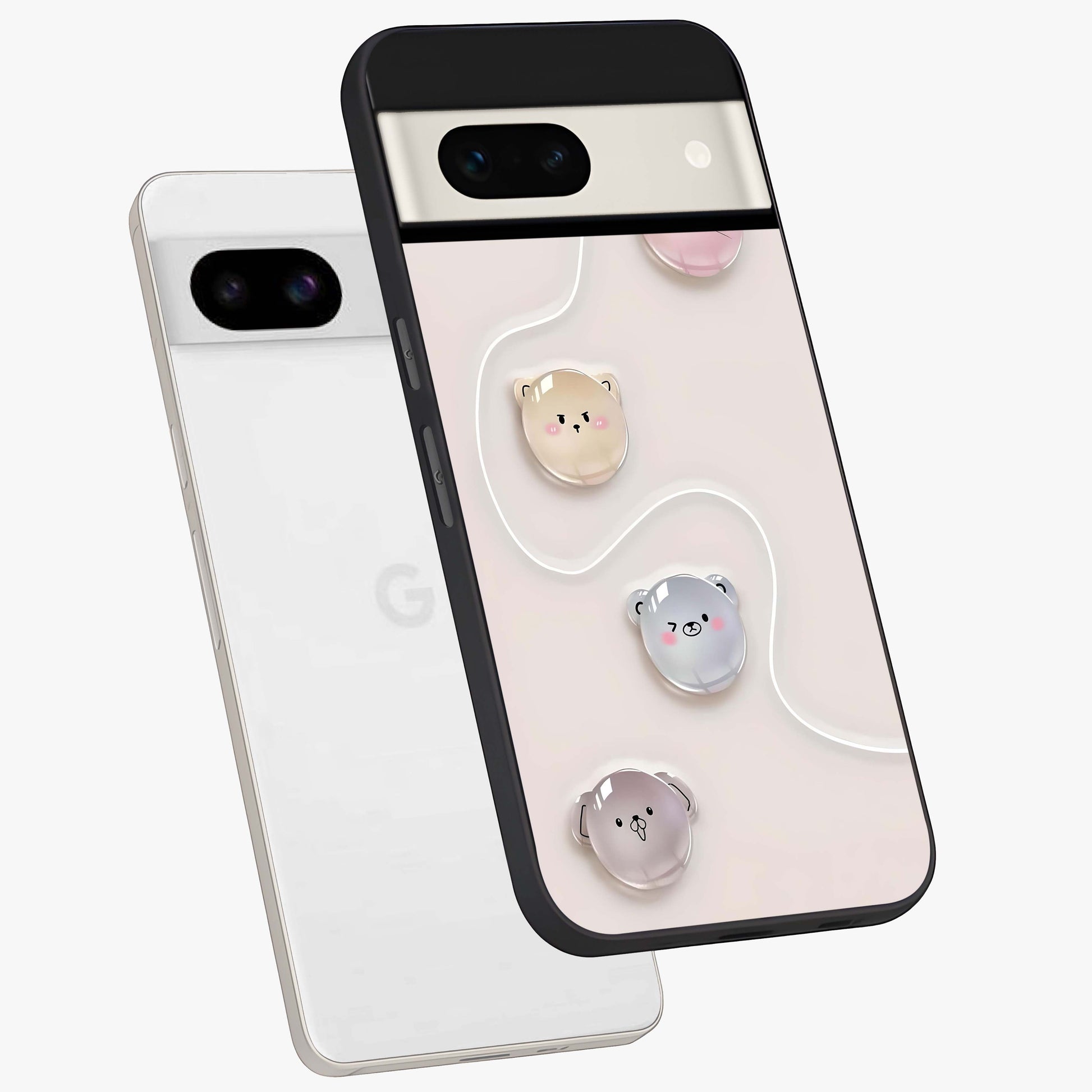 Puffy Face Parade Glass Case displayed in angled mockup highlighting playful cartoon face design with fun aesthetic.